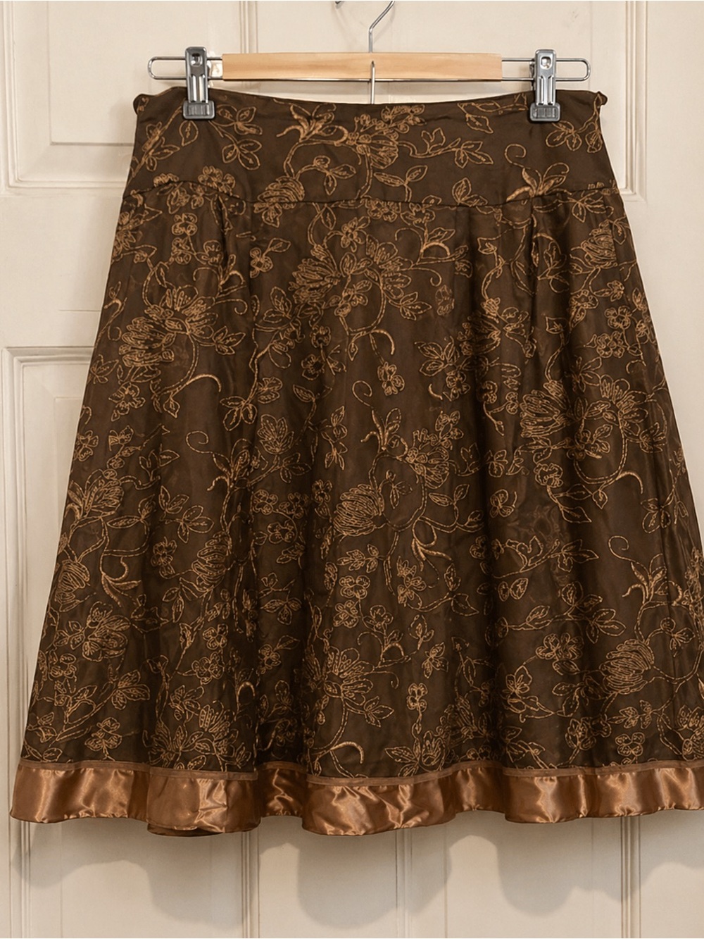 Coldwater Creek Embroidered Floral Skirt | Elegant A-Line Midi | Satin Trim Hem